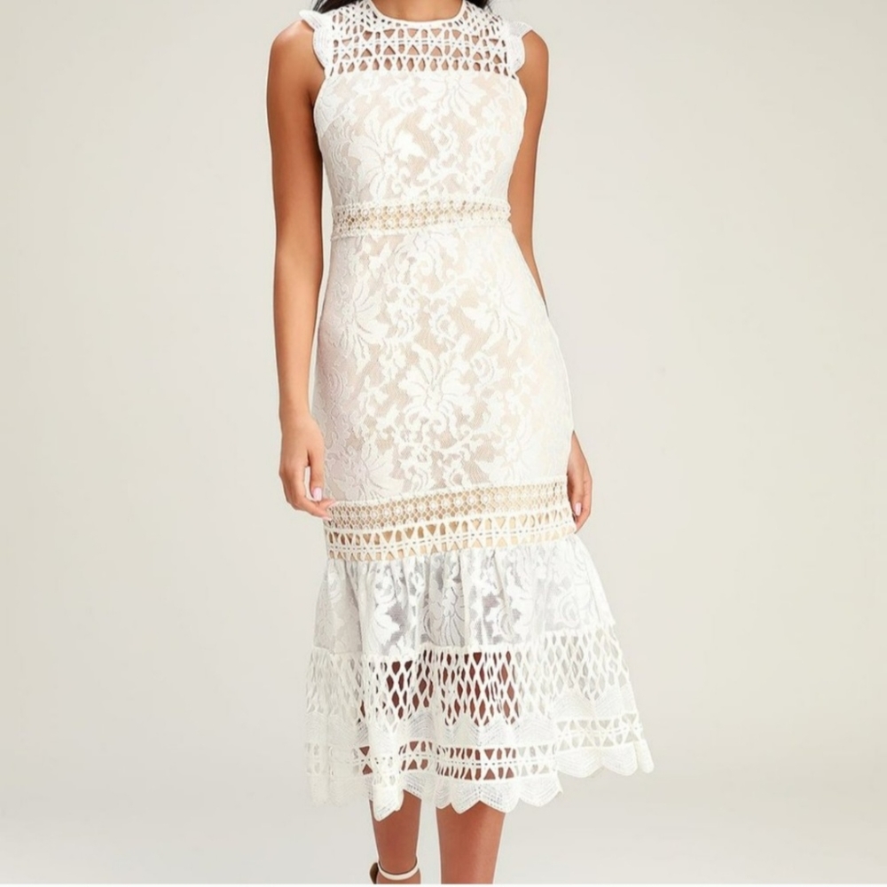 lulus white lace sleeveless boho midi dress